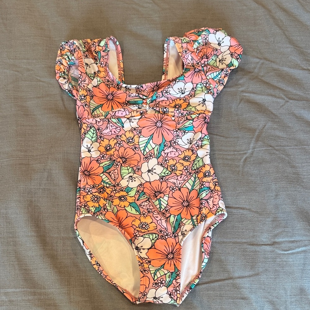 Cat & Jack Floral Kids Swim One Piece - Pink and Orange